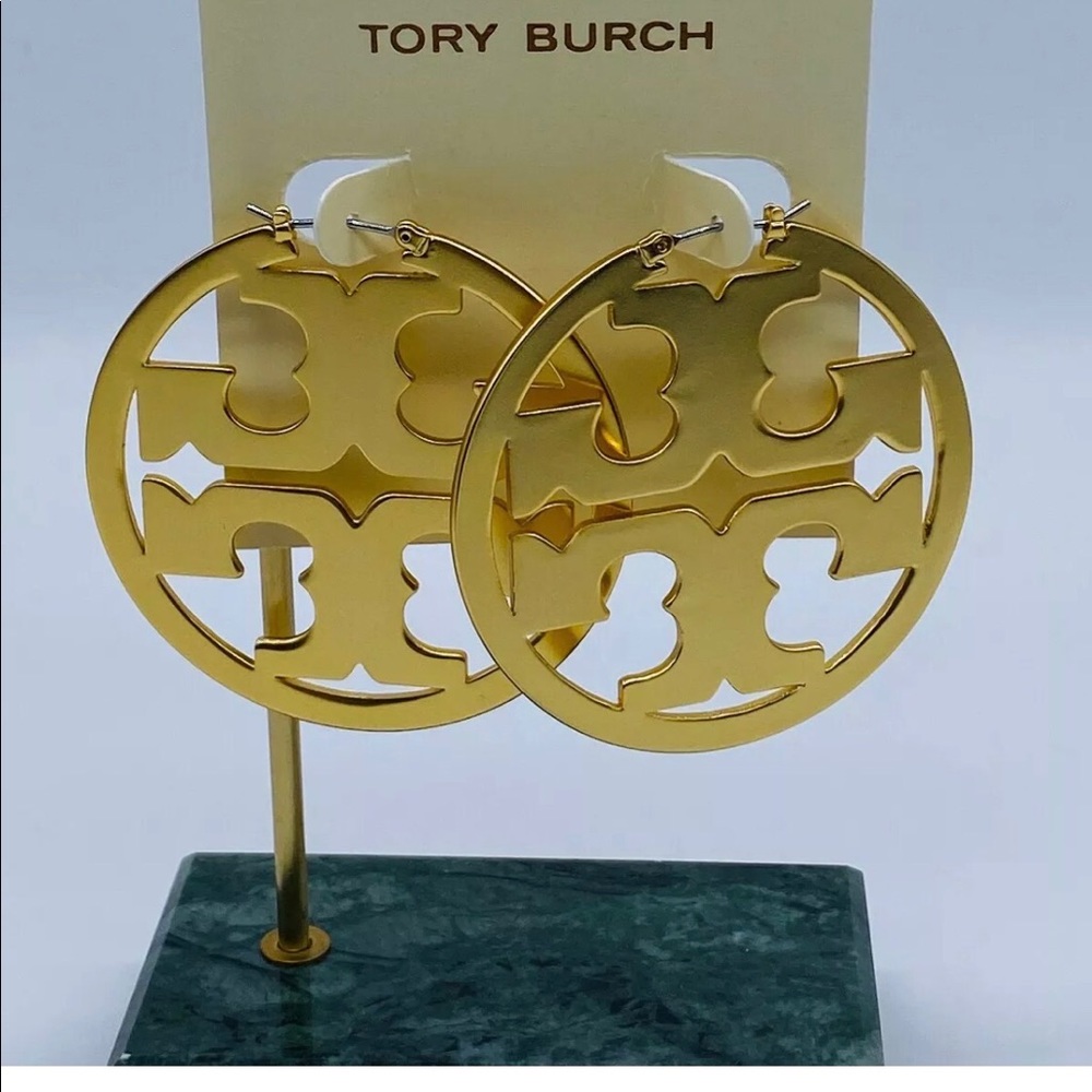 TORY BURCH GOLD LG. MILLER HOOP LOGO EARRINGS NWB!